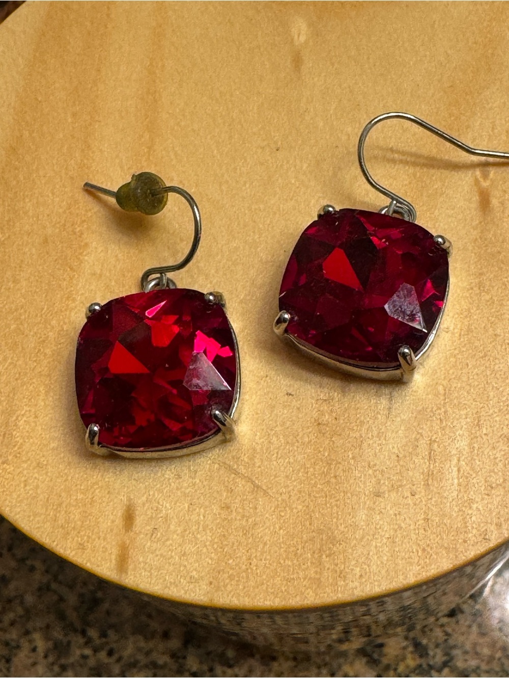 Silver-Set Bright Red Cushion Crystal Drop Earrings